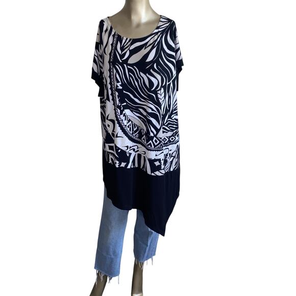 Chico's Tunic Top Size 3 Women XL Abstract Artsy Asymmetric Short Sleeve Classic - Picture 1 of 8